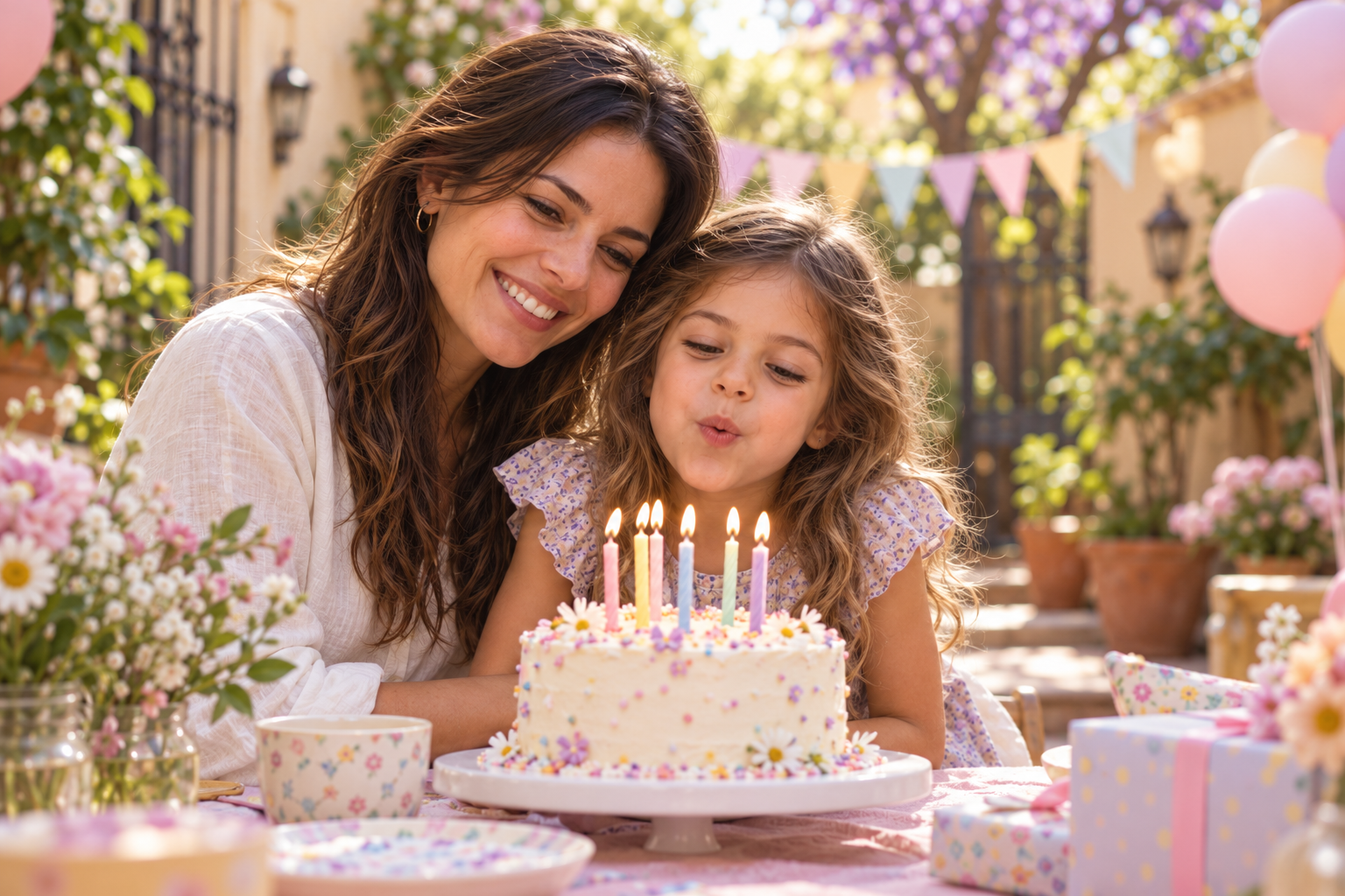 La hija soplando las velitas junto a su mamá