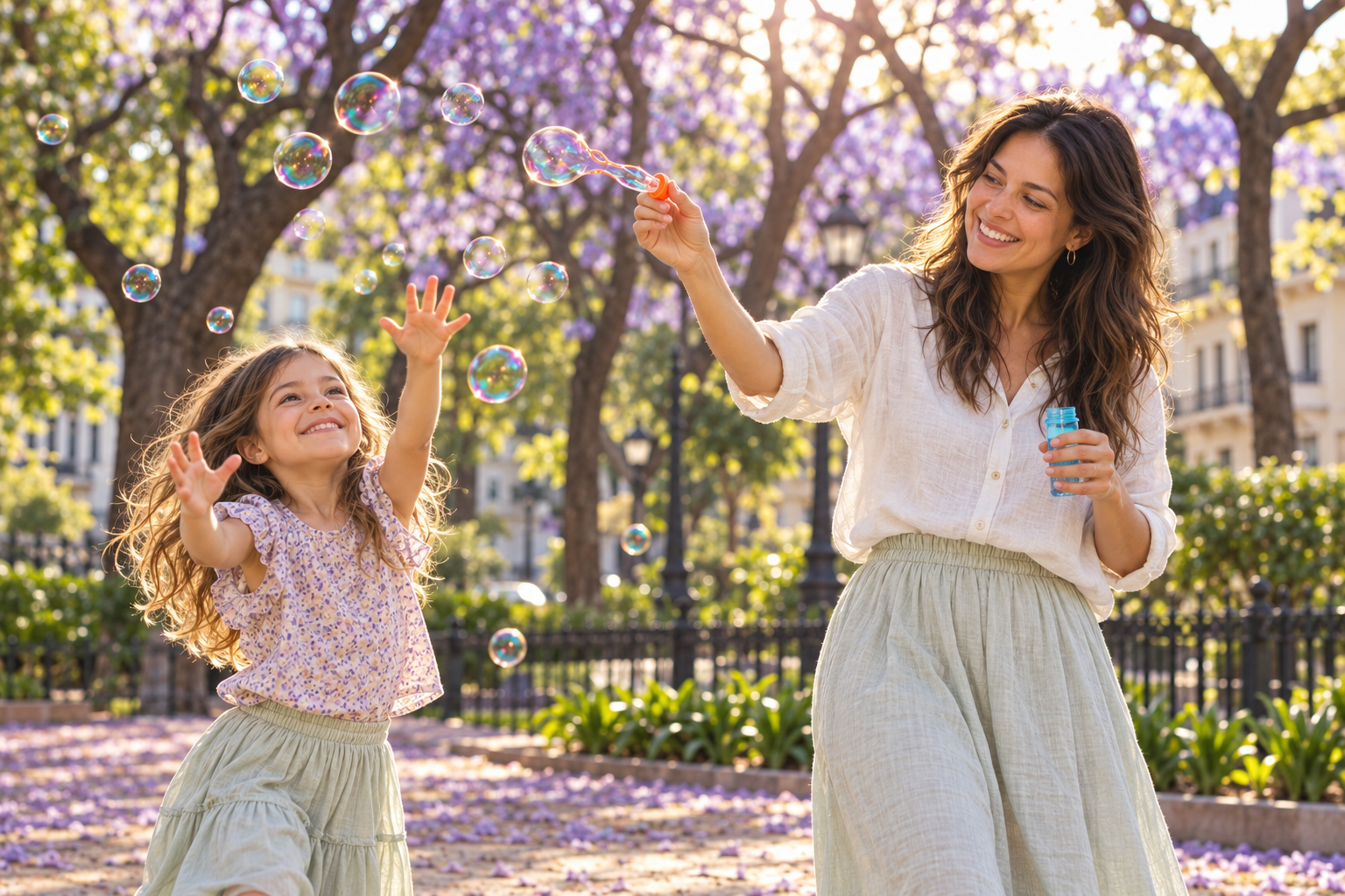 Madre e hija jugando de pie con burbujas en el parque