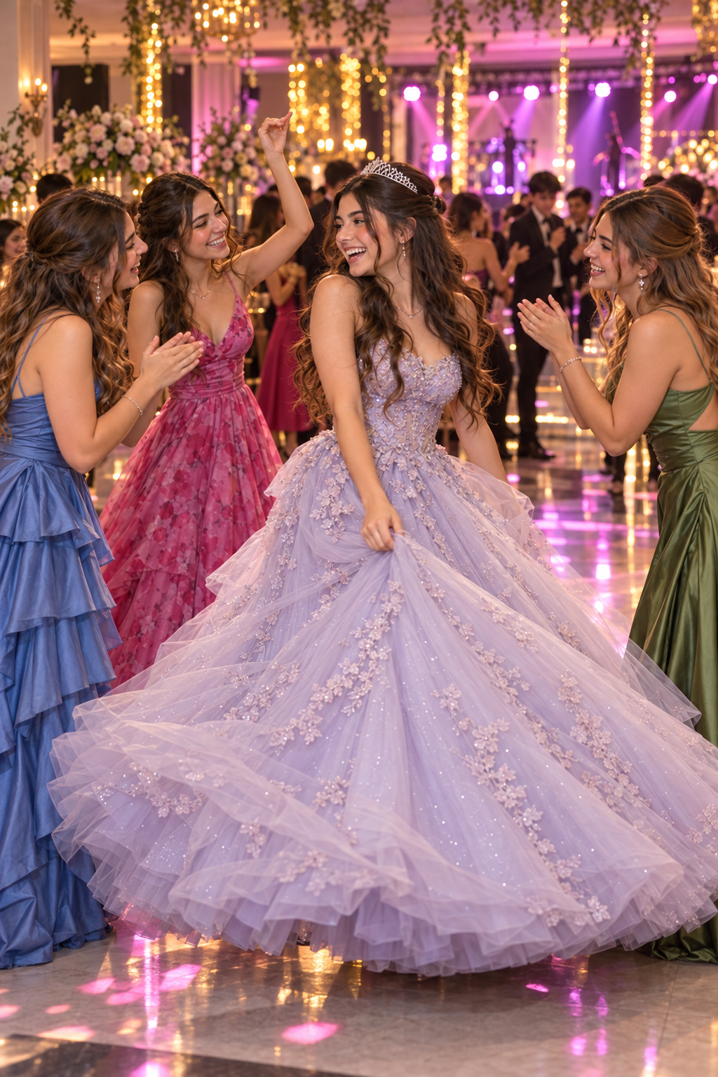 La cumpleañera y sus amigas bailando en la fiesta