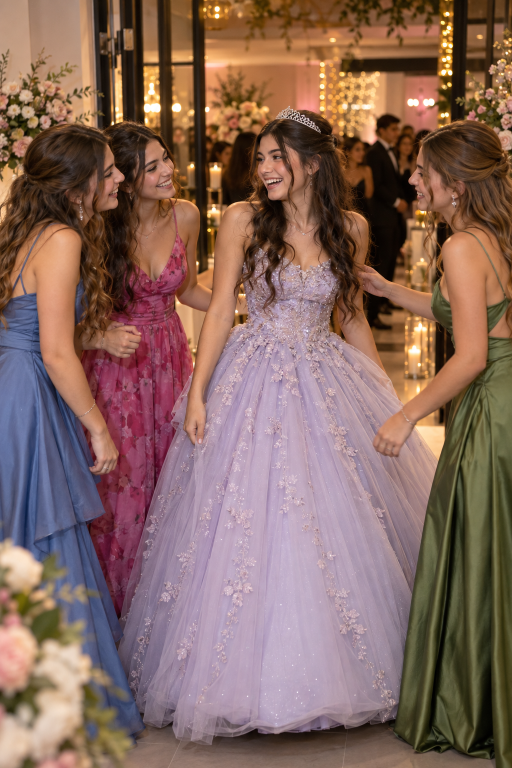 La cumpleañera llegando a su fiesta de 15 junto a sus amigas
