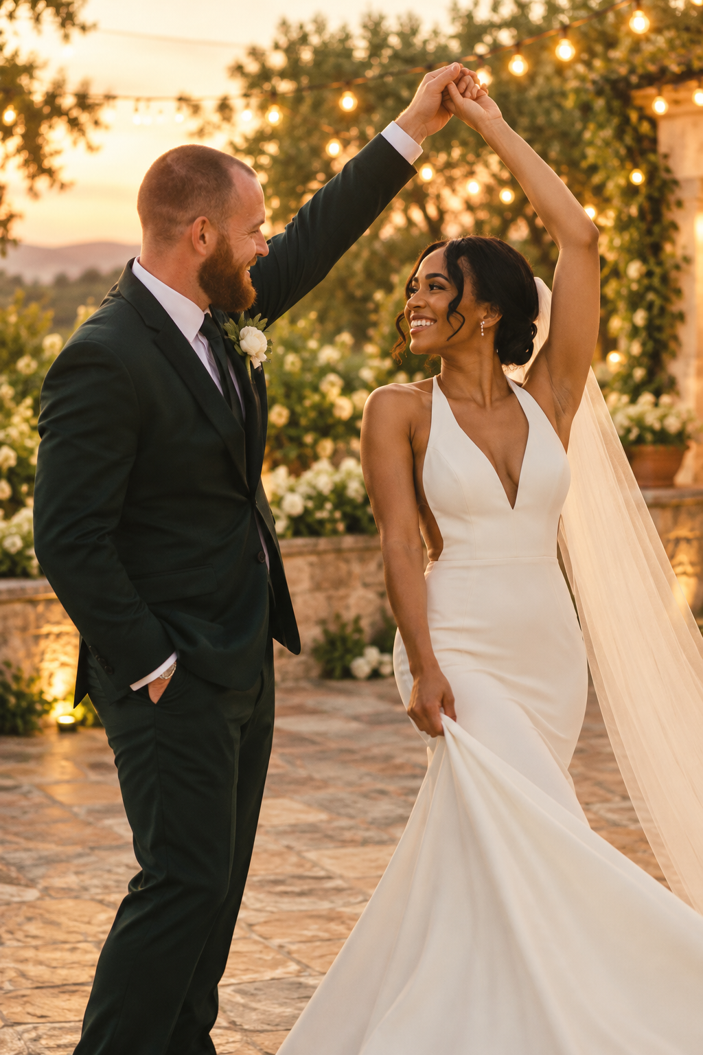 Los novios bailando bajo las luces del jardín